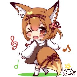 Rule 34 | &gt; o, 1girl, ;d, animal ear fluff, animal ears, beat saber, black footwear, blush stickers, brown dress, brown eyes, brown hair, chibi, child, colored shadow, commentary request, dress, eighth note, fang, flower, fox ears, fox girl, fox tail, full body, hair between eyes, hair flower, hair ornament, hairclip, heart, heart in eye, kneehighs, koume (beat saber), koume (vrchat), long sleeves, looking at viewer, looking to the side, musical note, nyano21, one eye closed, one side up, open mouth, pink flower, puffy long sleeves, puffy sleeves, quarter note, red ribbon, ribbon, shadow, shirt, short hair, signature, sleeveless, sleeveless dress, sleeves past wrists, smile, socks, solo, standing, standing on one leg, star (symbol), symbol in eye, tail, tail ornament, tail ribbon, treble clef, vrchat, white background, white shirt, white socks, x hair ornament