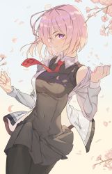 Rule 34 | 1girl, absurdres, black pantyhose, black skirt, blush, breasts, cherry blossoms, closed mouth, collared shirt, falling petals, fate/grand order, fate (series), hair over one eye, highres, jacket, looking at viewer, mash kyrielight, medium breasts, necktie, off shoulder, pantyhose, petals, pink hair, purple eyes, red necktie, shirt, short hair, skirt, smile, solo, standing, white jacket, yozora (1wkdgusdn)