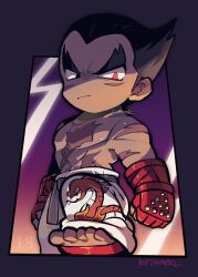 Rule 34 | 1boy, arms at sides, belt, black eyes, black hair, border, closed mouth, collarbone, facial scar, from below, gloves, kotorai, looking at viewer, male focus, martial arts belt, mishima kazuya, navel, no nose, pants, pectorals, purple belt, purple border, red eyes, red gloves, scar, scar on arm, scar on cheek, scar on chest, scar on face, signature, snake print, solo, stepping, studded gloves, tekken, thick eyebrows, topless male, v-shaped eyebrows, white pants