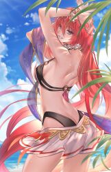 Rule 34 | 1girl, absurdres, alexiel (summer) (granblue fantasy), arms up, ass, bare shoulders, beach, bikini, blue eyes, blush, breasts, butt crack, choker, commentary request, feather hair ornament, feathers, godsworn alexiel, granblue fantasy, hair between eyes, hair ornament, highleg, highleg bikini, highres, layered bikini, long hair, medium breasts, muneomon (takomon), o-ring, o-ring bikini, o-ring top, ocean, red hair, smile, solo, sweat, swimsuit, thighs, very long hair, white bikini
