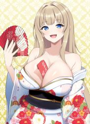 Rule 34 | 1girl, bare shoulders, between breasts, blonde hair, blue eyes, breasts, collarbone, commentary, dolphin wave, floral print, hair intakes, hand fan, hand up, highres, holding, holding fan, japanese clothes, kimono, kirahoshi kanna, large breasts, long hair, long sleeves, looking at viewer, obi, open mouth, paid reward available, sash, smile, solo, surippa1010, teeth, upper teeth only, white kimono, wide sleeves, yellow background