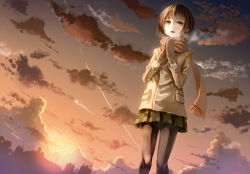 Rule 34 | 1girl, bad id, bad pixiv id, brown hair, cloud, contrail, dusk, female focus, mittens, open mouth, original, outdoors, pantyhose, parsley-f, scarf, short hair, skirt, sky, solo, sunset