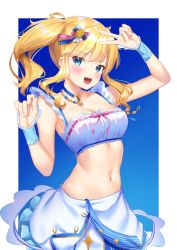 Rule 34 | 1girl, :d, arm up, bandeau, bare shoulders, blonde hair, blue choker, blue eyes, bow, breasts, choker, cleavage, cowboy shot, crop top, frills, hair bow, hand up, highres, idolmaster, idolmaster cinderella girls, jewelry, k mugura, long hair, looking at viewer, medium breasts, midriff, navel, necklace, ohtsuki yui, open mouth, revealing clothes, side ponytail, sidelocks, skirt, sleeveless, smile, solo, stomach, two-tone background, white skirt, wrist cuffs