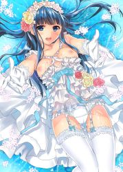 Rule 34 | 10s, 1girl, blue eyes, blue hair, blunt bangs, blush, breasts, bride, cum, cum on body, cum on breasts, cum on upper body, dress, flower, frills, garter straps, gloves, head wreath, lingerie, long hair, looking at viewer, mahouka koukou no rettousei, matching hair/eyes, nipples, open mouth, outstretched arms, panties, shiba miyuki, shiny skin, solo, thigh gap, thighhighs, underwear, wedding dress, white gloves, white panties, white thighhighs, yu yu