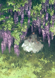 Rule 34 | 1girl, blue eyes, brown footwear, brown hair, closed mouth, commentary, day, dress, flower, full body, grass, highres, long hair, looking at viewer, original, outdoors, potg (piotegu), shade, sitting, smile, socks, solo, white dress, white socks, wisteria