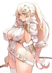 Rule 34 | 1girl, arrow (projectile), belt, blonde hair, blue eyes, blush, bow (weapon), bracer, breasts, cleavage, commentary, elf, flower, hair flower, hair ornament, highres, kekemotsu, large breasts, long hair, looking at viewer, original, pointy ears, ponytail, quiver, sidelocks, solo, thighs, very long hair, weapon