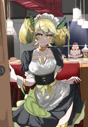 1girl black_dress cake coffee door dragon_girl dragon_tail dress duel_monster food green_hair indoors kitchen looking_at_viewer maid maid_headdress night parlor_dragonmaid smile solo tail twintails uragawai yellow_eyes yu-gi-oh!