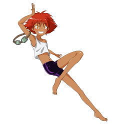 Rule 34 | 1girl, androgynous, armpits, bare shoulders, barefoot, bike shorts, black shorts, blush stickers, commentary, cowboy bebop, crop top, dark-skinned female, dark skin, edward wong hau pepelu tivrusky iv, flat chest, floating, from side, full body, goggles, grin, hand up, highres, holding, holding goggles, knee up, looking at viewer, looking to the side, loose clothes, loose shirt, midriff, navel, orange eyes, outstretched hand, parted lips, red hair, shimokou0207, shirt, short hair, shorts, simple background, smile, solo, spread fingers, strap slip, tank top, toes, tomboy, white background, white tank top