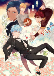 Rule 34 | 4boys, aomine daiki, ball, basketball, basketball (object), bird, blonde hair, blue eyes, blue hair, brown eyes, butler, champagne flute, cup, dress shirt, drinking glass, falling, flower, food, formal, fruit, gearous, gloves, jewelry, kagami taiga, kise ryouta, kuroko no basuke, kuroko tetsuya, lily (flower), long sleeves, looking at viewer, male focus, multiple boys, necklace, one eye closed, open mouth, orange (fruit), orange slice, pants, red eyes, red hair, saucer, shirt, smile, spilling, strawberry, suit, teacup, tray, white gloves