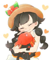 Rule 34 | 1girl, :3, bare arms, brown headwear, closed eyes, closed mouth, commentary request, creatures (company), eyelashes, flower, game freak, gen 7 pokemon, hat, hat flower, headpat, heart, holding, holding pokemon, litten, misha (ohds101), nintendo, orange shirt, pokemon, pokemon (creature), pokemon usum, red flower, selene (pokemon), shirt, shorts, sleeveless, sleeveless shirt, smile, white shorts