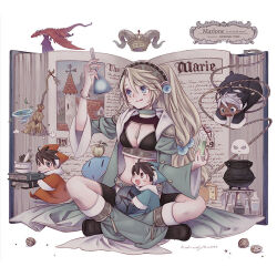 Rule 34 | 1girl, 3boys, apple, artist name, atelier (series), atelier marie, blonde hair, blue eyes, book, book stack, bottle, bracelet, breasts, broom, brown hair, cauldron, character request, cleavage, closed mouth, crossed legs, dragon, erlenmeyer flask, flask, food, fruit, full body, hair ornament, hairband, holding, holding book, holding bottle, jewelry, long hair, looking at object, low-tied long hair, marie (atelier), medium breasts, mini person, miniboy, multiple boys, nut (food), official art, open book, open mouth, ouse kohime, ponytail, puni (atelier), robe, simple background, sitting, slime (creature), smile, tongue, tongue out, white background, wide sleeves