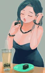 Rule 34 | 1girl, absurdres, blue dress, blue hair, bracelet, breasts, bubble tea, caviar, cleavage, cup, dress, drinking straw, earrings, eating, closed eyes, food, glint, grey background, tucking hair, highres, jewelry, large breasts, necklace, open mouth, original, pasta, plate, ryusei hashida, simple background, solo, spaghetti, sushi, upper body