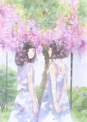 Rule 34 | 2girls, acrylic paint (medium), arms at sides, arms behind back, black eyes, black hair, blunt bangs, bob cut, bush, commentary request, day, dress, expressionless, flower, graphite (medium), highres, inoue haruka (haruharu210), looking at viewer, looking back, medium hair, multiple girls, original, outdoors, own hands together, painting (medium), petals, purple flower, shade, short hair, sundress, traditional media, tree, white dress, wisteria
