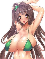 Rule 34 | 10s, 1girl, armpits, bikini, blush, bow, breasts, green bikini, grey hair, hair bow, huge breasts, long hair, looking at viewer, love live!, love live! school idol project, minami kotori, open mouth, poko chin, shiny skin, simple background, smile, solo, swimsuit, very long hair, white background