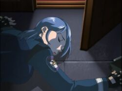 Rule 34 | 1girl, asian, ass, bible black, blue hair, breasts, closed eyes, gloves, large breasts, lying on ground, parted lips, patch, shin bible black, shoulder patch, tokken agent, tokken division, uniform