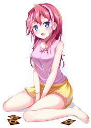Rule 34 | 1girl, bare legs, barefoot, blue eyes, blush, breasts, full body, highres, hiiragi yuzu, igayan, long hair, looking at viewer, multicolored hair, open mouth, pink hair, red hair, shorts, simple background, sitting, solo, tank top, two-tone hair, v arms, wariza, white background, yu-gi-oh!, yu-gi-oh! arc-v