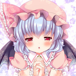 Rule 34 | 1girl, :o, bad id, bad pixiv id, bat wings, blue hair, blush, dress, frills, hat, hat ribbon, incoming kiss, irori, looking at viewer, lowres, mob cap, open mouth, own hands clasped, own hands together, pink dress, pink eyes, puffy sleeves, remilia scarlet, ribbon, short sleeves, solo, touhou, upper body, wings