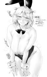 Rule 34 | 1girl, animal ears, breasts, cuff links, curvy, dated, fake animal ears, greyscale, highres, huge breasts, inverted nipples, leotard, looking at viewer, monochrome, nipples, original, orushibu, pantyhose, playboy bunny, rabbit ears, raised eyebrow, short hair, simple background, smirk, solo, thighs, translation request, white background, wide hips, wrist cuffs