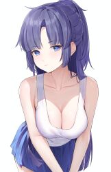 Rule 34 | 1girl, absurdres, bare arms, blue archive, blue eyes, blue skirt, breasts, cleavage, closed mouth, collarbone, high ponytail, highres, large breasts, leaning forward, long hair, miniskirt, parted bangs, pleated skirt, purple hair, rosumerii, shirt, sidelocks, simple background, skirt, sleeveless, sleeveless shirt, solo, tank top, very long hair, white background, white tank top, yuuka (blue archive)