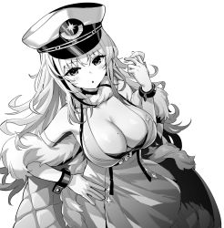 Rule 34 | 1girl, azur lane, bare shoulders, breasts, choker, cleavage, fur trim, gloves, greyscale, hand on own hip, hat, highres, hori (hori no su), large breasts, military hat, mole, mole on breast, monochrome, multicolored hair, off shoulder, official art, parted bangs, streaked hair, tallinn (azur lane), white gloves