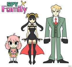 Rule 34 | 1boy, 2000s (style), 2girls, ahoge, anya (spy x family), bare shoulders, black dress, black footwear, black gloves, black hair, blonde hair, blush, bobby socks, breasts, brown background, cartoon network, cartoonized, cleavage, copyright name, cover, cowboy shot, dagger, director chimera (spy x family), dress, dvd cover, empty eyes, expressionless, family, father and daughter, fingerless gloves, flower, formal, gimmie20dollas, gloves, gold hairband, green eyes, green suit, hair flower, hair ornament, hairband, heart, highres, husband and wife, knife, large breasts, long hair, long sleeves, looking at viewer, looking down, male focus, mother and daughter, multiple girls, necktie, hugging object, peanut, pink hair, red eyes, red necktie, shirt, shoes, short hair, sidelocks, simple background, sleeveless, sleeveless dress, smile, socks, spy x family, stiletto (weapon), stuffed animal, stuffed toy, suit, toon (style), twilight (spy x family), twitter username, weapon, white background, white legwear, white shirt, yor briar