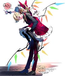 Rule 34 | 1boy, 1girl, blonde hair, carrying, closed mouth, english text, expressionless, flandre scarlet, formal, genderswap, genderswap (ftm), highres, looking at another, nubezon, open mouth, piggyback, pointing, ponytail, red eyes, shoes, simple background, skirt, speech bubble, suit, touhou, white background, wings