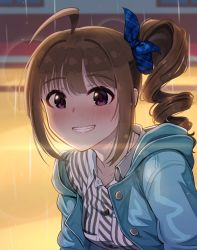 Rule 34 | 1girl, ahoge, blue jacket, blue ribbon, blurry, blurry background, blush, brown hair, collared shirt, commentary request, depth of field, drill hair, grin, hair ribbon, hood, hooded jacket, idolmaster, idolmaster million live!, jacket, kamille (vcx68), lens flare, looking at viewer, medium hair, open clothes, open jacket, purple eyes, ribbon, shirt, side drill, side ponytail, sidelocks, smile, solo, sparkle, upper body, white shirt, wing collar, yokoyama nao