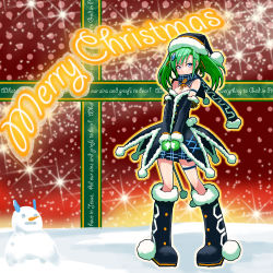 Rule 34 | 1girl, bare shoulders, blue eyes, boots, christmas, cosmic break, cs-chan, green hair, hair ornament, hair ribbon, hat, highres, looking at viewer, merry christmas, official art, plaid, plaid skirt, pleated skirt, ribbon, santa hat, scarf, skirt, smile, snow, snowman, solo, sparkle, standing, twintails, v arms, winter