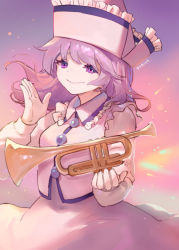 Rule 34 | 1girl, ainy, bad id, bad pixiv id, buttons, closed mouth, cowboy shot, floating hair, frilled hat, frilled shirt collar, frills, hat, instrument, long hair, long sleeves, looking at viewer, merlin prismriver, purple eyes, purple hair, skirt, skirt set, sky, smile, solo, touhou, trumpet