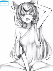 Rule 34 | 1girl, animal ears, blush, greyscale, hakos baelz, hand up, highres, hololive, hololive english, long hair, looking at viewer, messy hair, monochrome, mouse ears, mouse girl, multicolored hair, nanashi (nlo), no pants, off shoulder, one eye closed, open mouth, panties, sharp teeth, shirt, simple background, sitting, solo, streaked hair, striped clothes, striped panties, t-shirt, teeth, underwear, virtual youtuber, white background