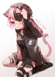 Rule 34 | 1girl, animal ears, beret, black choker, black hair, black hat, black shirt, black skirt, black thighhighs, blue eyes, blunt bangs, blush, cat ears, cat girl, cat tail, choker, embarrassed, fang, gradient background, grey background, hair ornament, hairclip, hand on headwear, hat, heart, heart necklace, heart o-ring, highres, iris black games, jewelry, key, key necklace, looking at viewer, miniskirt, multicolored hair, necklace, o-ring, o-ring thigh strap, pink hair, pink hat, plaid headwear, pleated skirt, shirt, single leg pantyhose, skirt, skirt set, solo, split-color hair, striped clothes, striped thighhighs, swept bangs, tachibana hinano (vtuber), tail, thigh strap, thighhighs, triangle hair ornament, two-tone hair, two-tone headwear, virtual youtuber, vspo!, white thighhighs, yukijirushi e