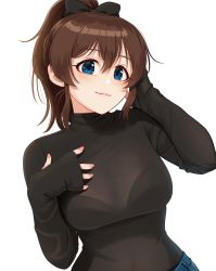 Rule 34 | 1girl, arm up, black bow, black bra, black shirt, blue eyes, bow, bra, bra visible through clothes, breasts, brown hair, closed mouth, commentary request, denim, fingernails, hair between eyes, hair bow, hand on own chest, hand up, high ponytail, idolmaster, idolmaster million live!, jeans, kamille (vcx68), light blush, light smile, long sleeves, looking at viewer, medium breasts, nail polish, pants, pink nails, ponytail, satake minako, see-through, shirt, short hair, sidelocks, simple background, sleeves past wrists, solo, standing, underwear, upper body, white background