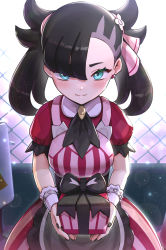 Rule 34 | 1girl, asymmetrical bangs, black hair, black nails, blush, bow, breasts, candy, chocolate, chocolate heart, closed mouth, commentary, creatures (company), dress, flower, food, from side, game freak, gonzarez, green eyes, hair flower, hair ornament, hand up, head tilt, heart, highres, holding, holding chocolate, holding food, incoming gift, lens flare, light blush, looking at viewer, marnie (palentine&#039;s 2022) (pokemon), marnie (pokemon), nail polish, nintendo, official alternate costume, open mouth, pink ribbon, pokemon, pokemon masters ex, red dress, revision, ribbon, short sleeves, solo, sparkle, twintails, two side up, upper body, valentine, wavy mouth