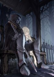 Rule 34 | 1boy, 1girl, 5tatsu, absurdres, armor, bench, black cloak, black pants, blonde hair, blunt bangs, breastplate, cloak, closed eyes, commentary request, covered face, dress, ender lilies quietus of the knights, fence, flats, full body, gauntlets, greaves, hair ornament, helmet, highres, hood, hood up, hooded cloak, jewelry, leaning on person, lily (ender lilies), necklace, pants, picket fence, plate armor, rain, sitting, sword, umbral knight (ender lilies), water drop, weapon, white dress, white footwear, wooden bench, wooden fence