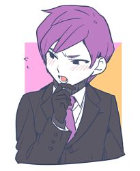 Rule 34 | 1boy, black eyes, black gloves, black jacket, blush, buttoned cuffs, buttons, collared shirt, colored skin, commentary request, gloves, grey sweater, jacket, lobotomy corporation, long sleeves, male focus, medu (rubish), necktie, open mouth, project moon, purple hair, purple necktie, ribbed sweater, shirt, short hair, solo, sweater, turtleneck, turtleneck sweater, upper body, white shirt, white skin, yesod (project moon)
