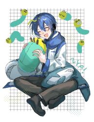 Rule 34 | 1boy, blue hair, blue nails, blue scarf, closed eyes, fins, fish tail, grid background, happy, headset, holding, holding stuffed toy, ikea shark, kaito (vocaloid), long sleeves, male focus, nidu (2du du), open mouth, scarf, shark, shark tail, short hair, sitting, stuffed animal, stuffed shark, stuffed toy, tail, vocaloid