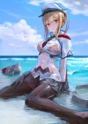 Rule 34 | 10s, 1girl, bad id, bad pixiv id, bikini, black bikini, black pantyhose, black skirt, blonde hair, blue sky, bra visible through clothes, breasts, capelet, cloud, cloudy sky, day, graf zeppelin (kancolle), hat, highres, kantai collection, large breasts, long hair, long sleeves, looking at viewer, miniskirt, necktie, outdoors, pantyhose, partially submerged, peaked cap, purple eyes, red necktie, see-through, sitting, skirt, sky, smile, solo, swimsuit, treeware, twintails, water, wet, wet clothes, wet pantyhose