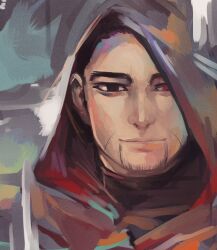 Rule 34 | 1boy, aokamei, beard, black eyes, black hair, cloak, close-up, commentary, english commentary, facial hair, golden kamuy, high collar, highres, hood, hooded cloak, light smile, looking at viewer, male focus, ogata hyakunosuke, portrait, red eyes, solo