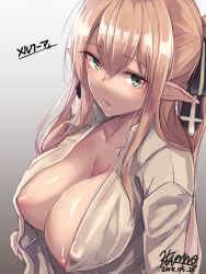 Rule 34 | 1girl, blonde hair, blush, breasts, character name, cleavage, collarbone, collared shirt, dated, elf, green eyes, hair ribbon, hiruno, large breasts, long hair, looking at viewer, nipples, open clothes, open mouth, open shirt, original, pointy ears, ribbon, shirt, sidelocks, signature, solo, upper body, white shirt