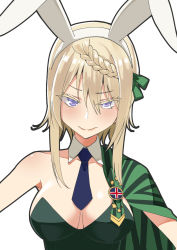 Rule 34 | 1girl, animal ears, badge, blonde hair, blue background, braid, braided bangs, braided bun, cape, commentary request, detached collar, fake animal ears, green cape, green leotard, hair bun, highres, kantai collection, leotard, looking at viewer, masukuza j, perth (kancolle), playboy bunny, purple eyes, rabbit ears, short hair, sidelocks, simple background, solo, strapless, strapless leotard, upper body, white background