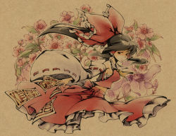 Rule 34 | 1girl, black hair, bow, cherry blossoms, detached sleeves, female focus, floral background, flower, frills, from side, hair bow, hakurei reimu, kieta, long hair, ofuda, ribbon-trimmed sleeves, ribbon trim, sarashi, sepia background, skirt, solo, touhou, wide sleeves