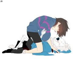 Rule 34 | 1boy, all fours, androgynous, animated, animated gif, bad id, bad tumblr id, black sclera, blood, blood from mouth, blood on clothes, blood splatter, blue jacket, blush, brown hair, chara (undertale), chromatic aberration, closed eyes, colored sclera, evil grin, evil smile, frisk (undertale), fur trim, glowing, glowing eye, glowing eyes, grin, hood, hoodie, jacket, kimneusi, long sleeves, looking at another, on person, open mouth, red eyes, sans (undertale), shirt, short hair, short sleeves, shorts, skeleton, skull, slippers, smile, spoilers, static, striped clothes, striped shirt, sweatdrop, teeth, undertale, wince