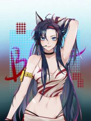 Rule 34 | 1girl, absurdres, animal ears, arknights, arm up, armpits, bare arms, bare shoulders, black choker, black hair, blaze (arknights), blaze (burst feline) (arknights), blue eyes, breasts, camisole, cat ears, chinese commentary, choker, cleavage, commentary request, crop top, hairband, headset, highres, long hair, looking at viewer, medium breasts, midriff, navel, official alternate costume, panty straps, red hairband, smile, solo, spaghetti strap, stomach, tuitanggugushou, upper body, very long hair