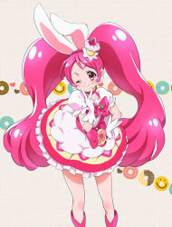 Rule 34 | 1girl, ;), animal ears, boots, cure whip, dress, earrings, food-themed hair ornament, gloves, hair ornament, hand on own hip, jewelry, kirakira precure a la mode, magical girl, one eye closed, pink eyes, pink hair, pom pom (clothes), pom pom earrings, precure, rabbit ears, smile, solo, strawberry hair ornament, twintails, usami ichika, v, white gloves, zooya