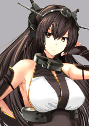 Rule 34 | 10s, 1girl, adjusting hair, bare shoulders, black gloves, black hair, breasts, brown eyes, elbow gloves, fingerless gloves, gloves, grey background, headgear, highres, kantai collection, large breasts, long hair, looking at viewer, nagato (kancolle), simple background, solo, takamura wamu, upper body