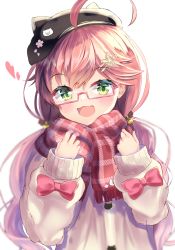 Rule 34 | 1girl, 35p (sakura miko), ahoge, alternate hairstyle, animal hat, black hat, blush, glasses, green eyes, hair ornament, hairclip, hat, highres, hololive, long hair, long sleeves, official alternate costume, open mouth, pink hair, rappi, sakura miko, sakura miko (casual), solo, virtual youtuber, white background