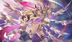 Rule 34 | 2girls, :o, angewomon, arm belt, bare shoulders, belt, blonde hair, breasts, brown eyes, brown hair, circlet, cleavage, closed mouth, clothing cutout, collaboration, commentary request, commission, cowboy shot, denim, denim shorts, detached wings, diffraction spikes, digimon, digimon adventure 02, digivice, divine sword irelia, elbow gloves, fusion, gloves, groin, hair between eyes, headgear, highres, holding, irelia, jun wei, kai e, large breasts, league of legends, lens flare, leotard, long hair, multiple girls, multiple wings, navel, navel cutout, open mouth, outstretched arm, see-through, see-through shirt, shirt, short hair, short sleeves, shorts, sidelocks, skindentation, smile, space, standing, stomach, t-shirt, teeth, thigh strap, thighhighs, undershirt, upper teeth only, white gloves, white legwear, white leotard, wings, yagami hikari, zipper, zipper pull tab