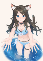 Rule 34 | 1girl, animal ear fluff, animal ears, bikini, black hair, blue bikini, blue eyes, breasts, cat ears, cat girl, cat tail, cleavage, eyebrows, highres, leaning forward, long hair, looking at viewer, mao lian (nekokao), navel, original, outstretched arms, outstretched hand, side-tie bikini bottom, smile, solo, swimsuit, tail, thigh strap, thighs, aina (mao lian), wading, water