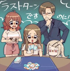 Rule 34 | 1boy, 3girls, blonde hair, blue necktie, blue suit, bottle, brown eyes, brown hair, card, card game, commentary request, crying, crying with eyes open, curtained hair, flipped hair, forehead, formal, frown, furrowed brow, gakuen idolmaster, glasses, gloom (expression), green background, grey eyes, hair bun, hair ornament, half-closed eyes, halftone, halftone background, hanami ume, hand on own chin, highres, holding, holding bottle, holding card, idolmaster, kudach i, kuramoto china, laurels, long hair, long sleeves, looking at another, multiple girls, necktie, off-shoulder shirt, off shoulder, parted bangs, pink shirt, pink shorts, producer (idolmaster), red eyes, shinosawa hiro, shirt, short hair, short shorts, short sleeves, shorts, single side bun, smile, spaghetti strap, stroking own chin, suit, swept bangs, table, tears, trading card, translation request, v-shaped eyebrows