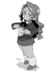 Rule 34 | 1girl, blazer, food, jacket, loafers, long hair, looking at viewer, monochrome, original, pout, raised eyebrow, ribbon, school uniform, shadow, shoes, simple background, skirt, solo, standing, thick thighs, thighs, white background, yoshino norihito